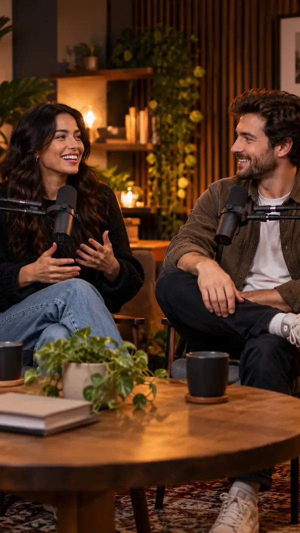 Deux invités d’un podcast discutant dans un studio chaleureux, cadrage vertical pour les réseaux sociaux
