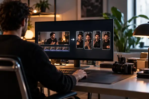 Démonstration d’un produit moderne sur un bureau épuré, avec un éclairage de studio doux